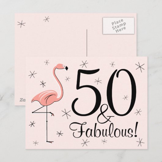 Flamingo Roze "50 en Fabulous!" briefkaart (Voorkant / Achterkant)