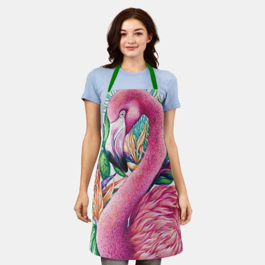 Flamingo Roze Bloem Grappig Cute Groen Schort (Gedragen)