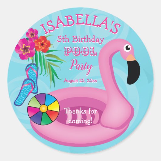 Flamingo Roze Bloemen 5e verjaardag Pool Party Ronde Sticker (Voorkant)