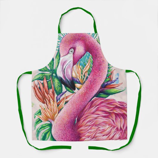 Flamingo Roze Bloemen Grappig Schattige Groen Scho Schort (Voorkant)