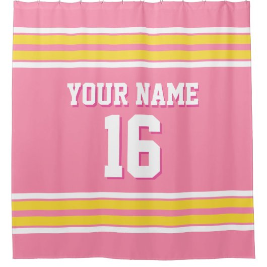 Flamingo Roze Geel Witte Strepen Sport Jersey Douchegordijn (Voorkant)