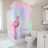 Flamingo roze glitter druist monogram holografisch douchegordijn (In situ)
