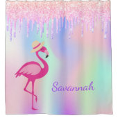 Flamingo roze glitter druist monogram holografisch douchegordijn (Voorkant)