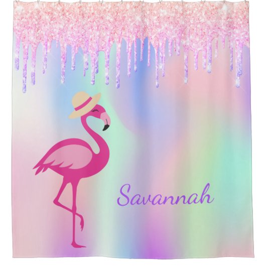 Flamingo roze glitter druist monogram holografisch douchegordijn (Voorkant)