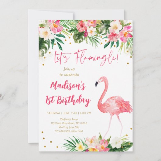 Flamingo roze goud eerste verjaardag kaart (Voorkant)