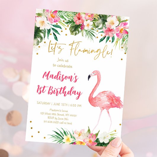 Flamingo roze goud eerste verjaardag kaart