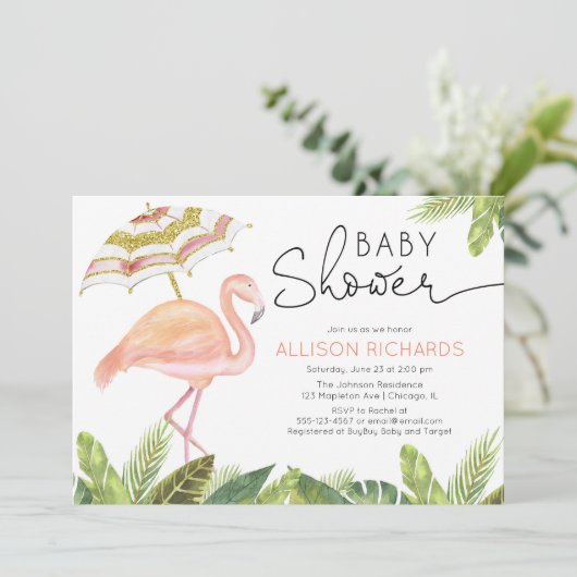 Flamingo roze gouden meisje baby shower kaart (Staand voorkant)
