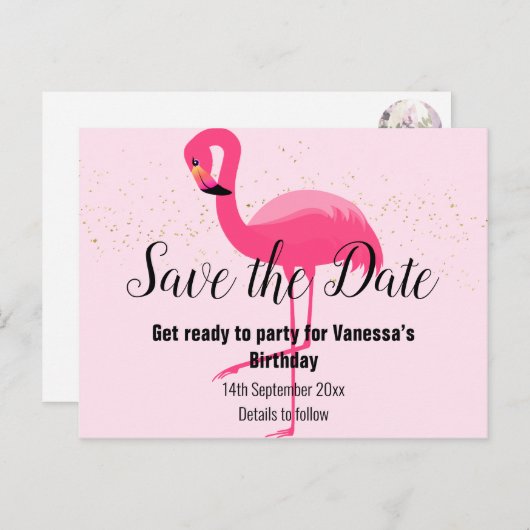 FLAMINGO Roze Sla de datum op Aankondigingskaart (Voorkant / Achterkant)