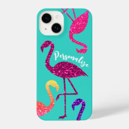 Flamingo roze sparkles Personaliseer turquoise iPhone 14 Hoesje