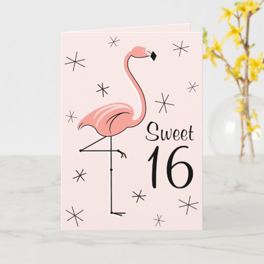 Flamingo Roze Sweet 16 groetings kaart verticaal (Gele Bloem)