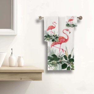Flamingo Roze Tropische Aquarel Bladeren Palm Bad Handdoek