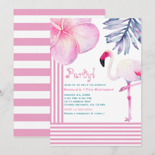 Flamingo Roze & Witte Strepen Verjaardagsfeestje Kaart