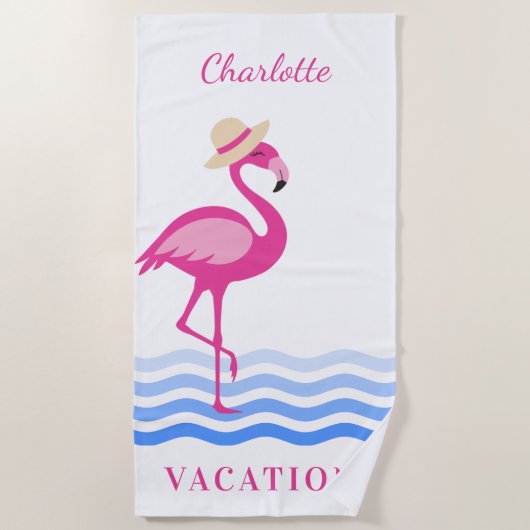 Flamingo roze zee golven monogram vakantie strandlaken (Voorkant)