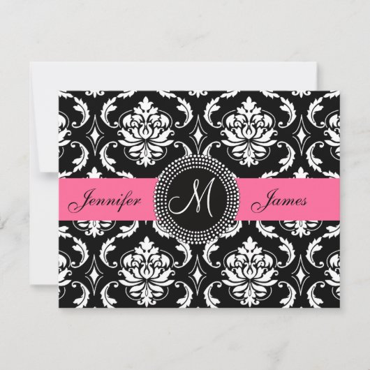 Flamingo Roze zwart Damask Monogram sparen de Datu Save The Date (Voorkant)