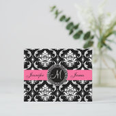 Flamingo Roze zwart Damask Monogram sparen de Datu Save The Date (Staand voorkant)