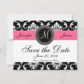 Flamingo Roze zwart Damask Monogram sparen de Datu Save The Date (Achterkant)