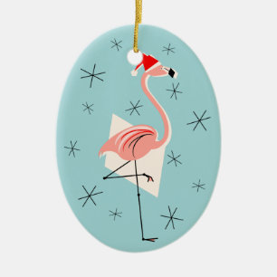 Flamingo Santa Blue Text sieroval Keramisch Ornament