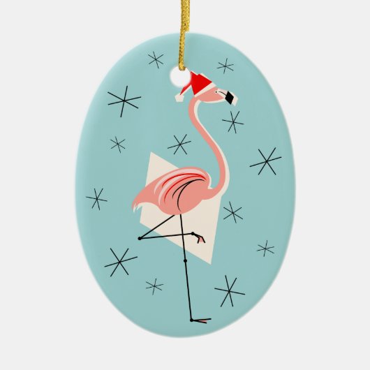 Flamingo Santa Blue Text sieroval Keramisch Ornament (Voorkant)