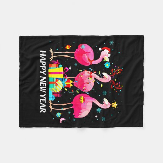 Flamingo Santa Hat Happy New Year Light Long Sleev Fleece Deken (Voorkant (Horizontaal))