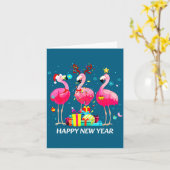 Flamingo Santa Hat Happy New Year Light Long Sleev Kaart (Gele Bloem)