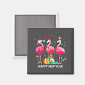 Flamingo Santa Hat Happy New Year Light Long Sleev Magneet (Voorkant / Achterkant)