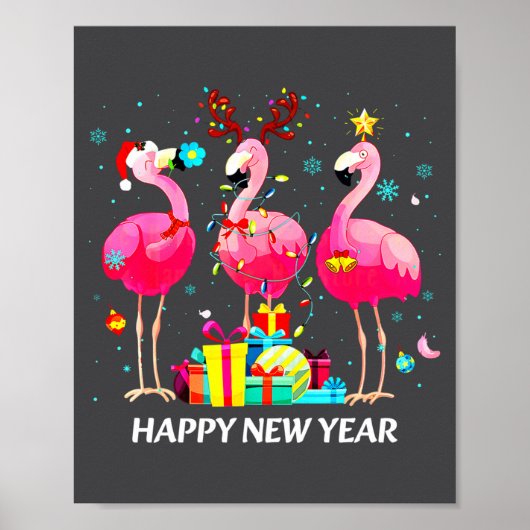 Flamingo Santa Hat Happy New Year Light Long Sleev Poster (Voorkant)