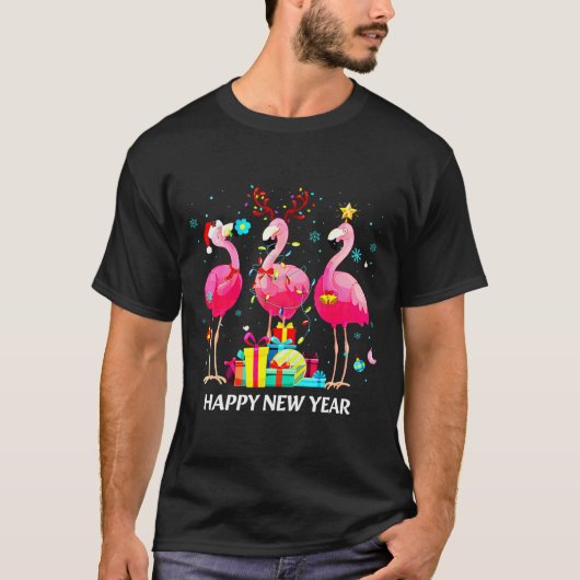 Flamingo Santa Hat Happy New Year Light Long Sleev T-shirt (Voorkant)