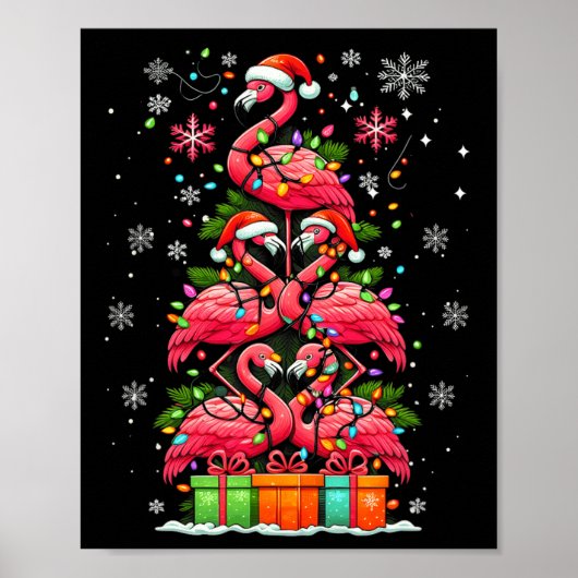 Flamingo Santa Hat Kerstverlichting Kerstboom Anim Poster (Voorkant)