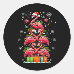 Flamingo Santa Hat Kerstverlichting Kerstboom Anim Ronde Sticker