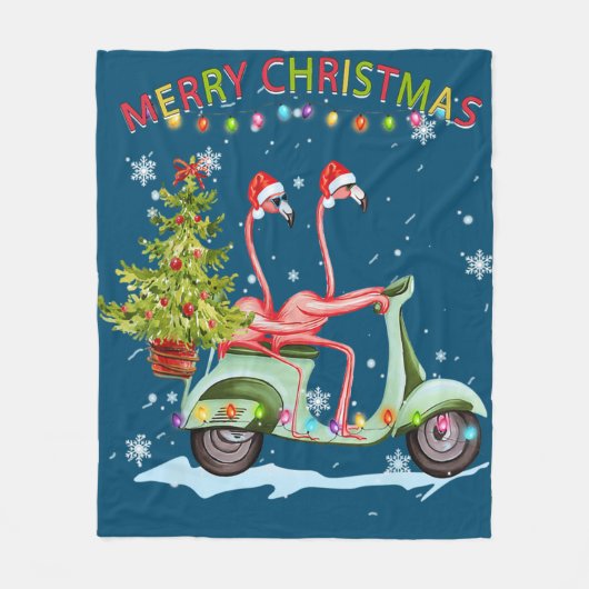 Flamingo Santa Hat Xmas Light Motobike Kerstmis Fleece Deken (Voorkant)
