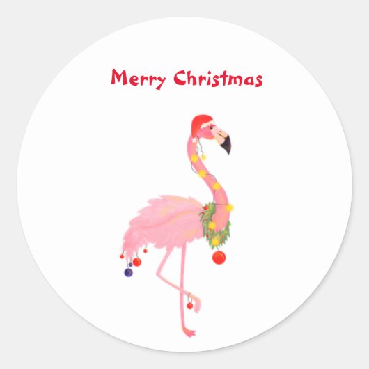 Flamingo Santa Hoed Merry Christmas Classic Ronde  Ronde Sticker (Voorkant)