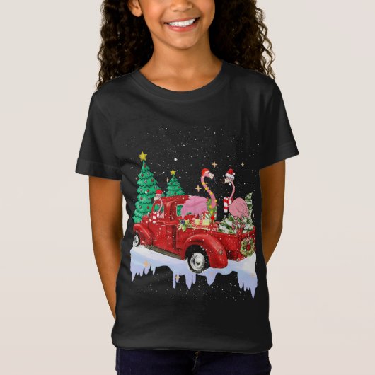Flamingo Santa op Rode Vrachtwagen Kerstmis Pyjama T-shirt (Voorkant)