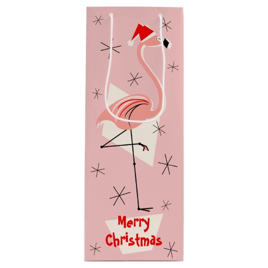 Flamingo Santa Pink Merry kerstwijn Wijn Cadeautas (Voorkant)
