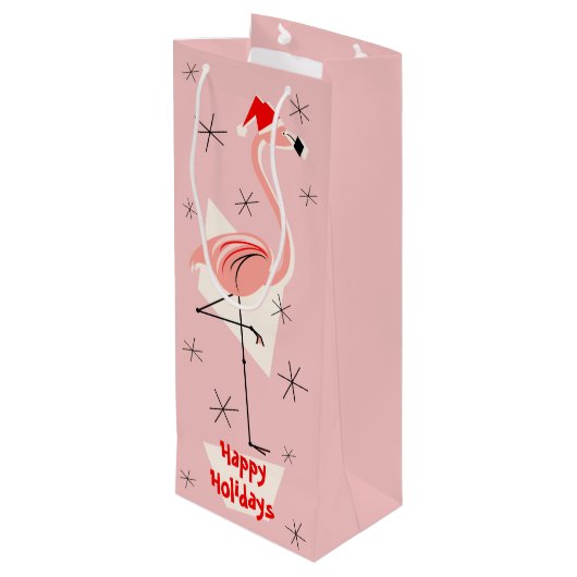 Flamingo Santa Pink Prettige feestdagen Wijn Cadeautas (Achterkant Gekanteld)