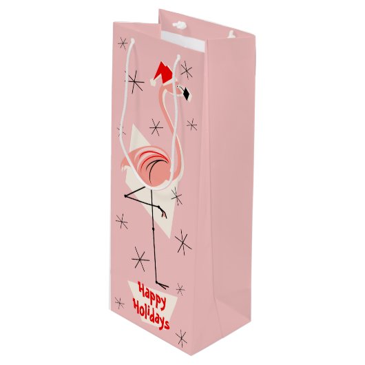 Flamingo Santa Pink Prettige feestdagen Wijn Cadeautas (Voorkant Gekanteld)