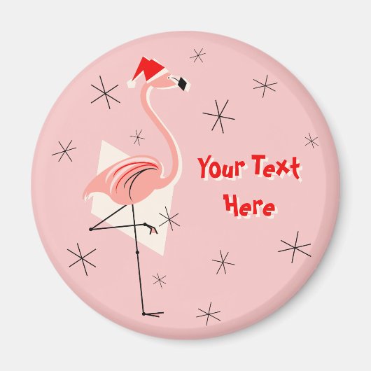 Flamingo Santa Pink Text magnet round (Voorkant)