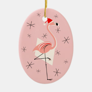Flamingo Santa Pink Text ornament oval