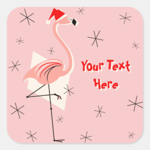 Flamingo Santa Pink Text sticker vierkant