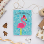 Flamingo Santa Retro Tropische Kerst Feestdagen Kaart<br><div class="desc">Leg dat Art Deco Mid Century Modern tropisch gevoel vast op deze Kaart met een flamingo in een kerstmuts en een turquoise sneeuwvlokachtergrond. Personaliseer met aangepaste begroeting,  bericht en handtekening.</div>