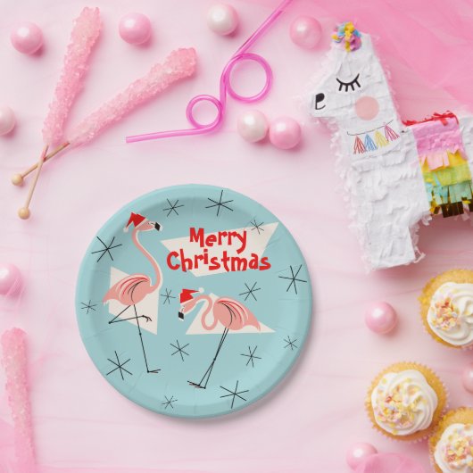 Flamingo Santas Blauw Vrolijk kerstpapier bord (Feest)