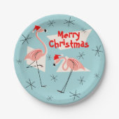 Flamingo Santas Blauw Vrolijk kerstpapier bord (Voorkant)