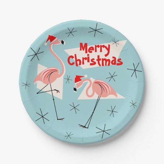 Flamingo Santas Blauw Vrolijk kerstpapier bord (Voorkant)