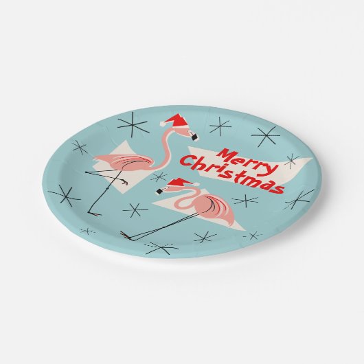 Flamingo Santas Blauw Vrolijk kerstpapier bord (Gekanteld)