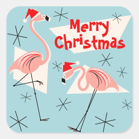 Flamingo Santas Blauw Vrolijk kerstplein Vierkante Sticker (Voorkant)