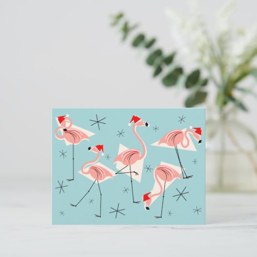 Flamingo Santas Blue briefkaart (Staand voorkant)