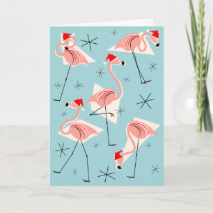 Flamingo Santas Blue Merry Kerstmis Feestdagen Kaart