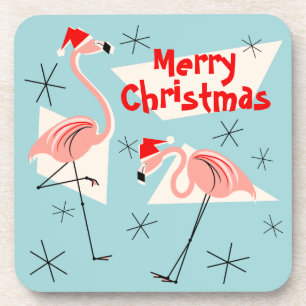 Flamingo Santas Blue Merry Kerstplastic Onderzetter