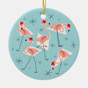 Flamingo Santas Blue Merry Kerstround Keramisch Ornament