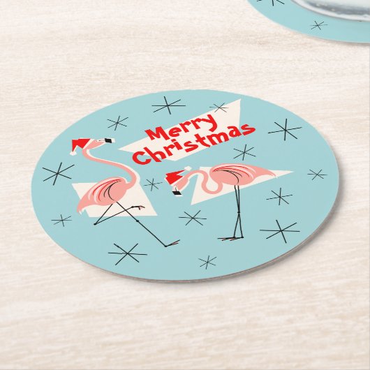 Flamingo Santas Blue Merry Kerstround Ronde Kartonnen Onderzetter (Gebogen)