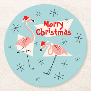 Flamingo Santas Blue Merry Kerstround Ronde Kartonnen Onderzetter